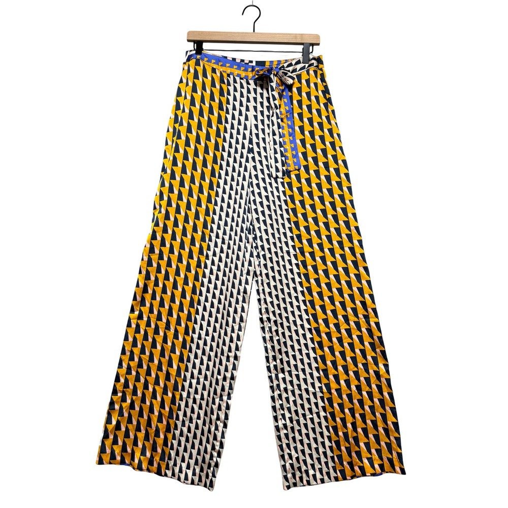 Bar III Wide Leg Pants Womens 6 Yellow Blue Geometric Boho Retro Mod 70s Palazzo